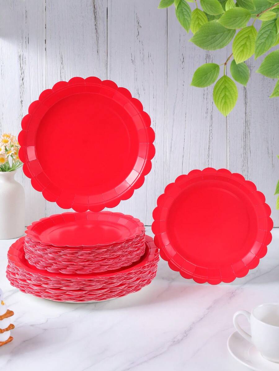 Platos de papel desechables con pétalos rojos de 7/9 pulgadas, suministros para fiestas, platos de fiesta desechables, decoraciones para fiestas, reuniones de fiestas de cumpleaños, fiestas de regalos, decoraciones de eventos de celebración - Rojo - Ver 1