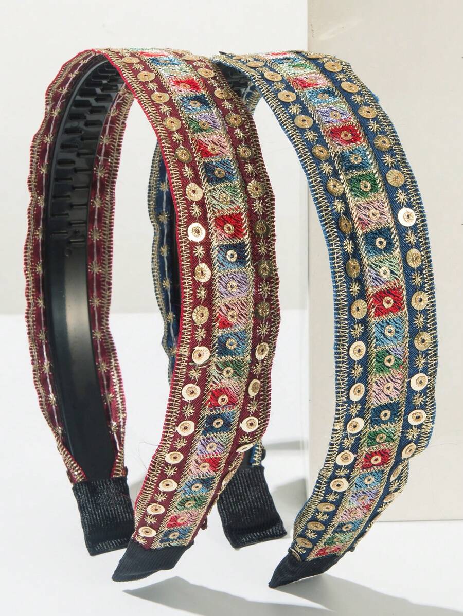 2pcs/Set Fashionable Personalized Boho Embroidered Fabric Headband With Teeth, Non-Slip High-Grade Hair Clips