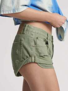 Denim Shorts For Women Mid Rise Ripped Jean Shorts Stretchy Ripped Rolled Hem Retro Hot Short Jeans Summer Streetwear - Green - View 10