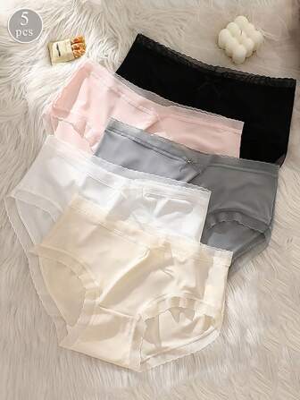 5条装女士蝴蝶结设计中腰超薄冰丝内裤