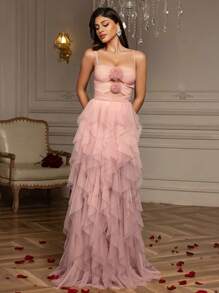 Summer Sexy Mesh Overlay Hem Split Thigh Formal Dress, Elegant Prom Evening Wedding Guest Gown, For Graduation, Dinner, Party Dress - Pink - View 2