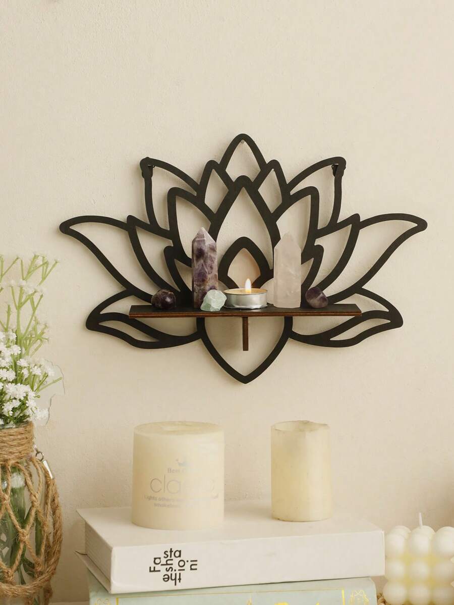 1pc Black Wooden Lotus Shaped Wall Hanging Decor Rack, Boho Style, Ideal For Meditation And Home Decor. This Wall Mounted Shelf Can Be Used To Display Crystals And Decorative Items, Suitable For Walls In Home, Bedroom, Living Room And More.