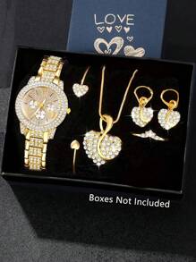 母亲节女士手表套装，一套包含时尚优雅圆形石英表、心形吊坠项链、耳环、戒指和手链。这款首饰套装适合日常佩戴、生日礼物、开学季、感恩节和浪漫场合，是最佳选择（不含礼盒）。 - 金色 - 查看 4