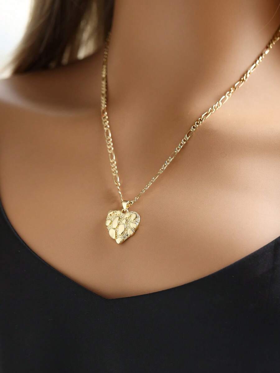 1件复古波西米亚风吊坠项链 - 不对称铜块心形设计，时尚宣言，适合所有季节，日常及节日配饰，无宝石镶嵌，独特珠宝