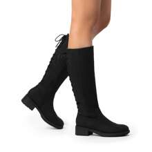 Women's Knee-High Boots, Comfortable Chunky Block Heel Pointed Toe Pull On Side Zipper Suede Slouch Riding Boots - Black - View 3