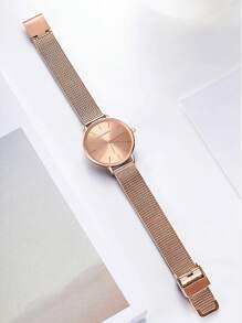 1 pezzo Orologio da polso da donna color oro rosa, movimento giapponese, cinturino in maglia di acciaio inossidabile, stile minimalista ed elegante, adatto per uso quotidiano e come regalo