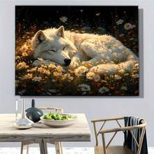 1Pc Wooden Frame The Wolf Sleeps Quietly Canvas Painting, Ready To Hang, Thickness 2.25cm/0.9 Inch High Quality Wall Painting Art Print Poster Wall Decoration, Suitable For Bedroom Bathroom Living Room, New Year Halloween Christmas Christmas Christmas Birthday And Holiday Gift