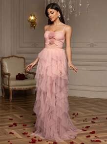 Summer Sexy Mesh Overlay Hem Split Thigh Formal Dress, Elegant Prom Evening Wedding Guest Gown, For Graduation, Dinner, Party Dress - Pink - View 4