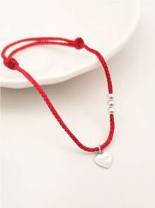 1pc 925 Sterling Silver Minimalist Heart Pendant With Silver Beads & Red Cord Bracelet, Simple & Lucky Accessory Gift For Women - Silver - View 2