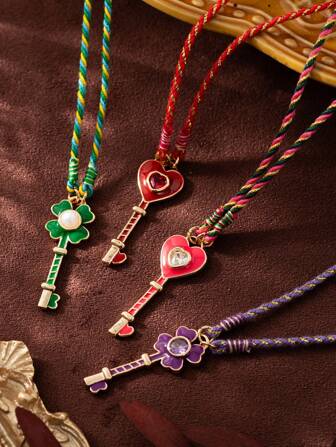 1 件可爱风格滴油爱心钥匙吊坠编织绳链项链，镶嵌锆石，镀 18K 金防水，适合日常佩戴和送礼，女士珠宝，女士礼物