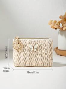 Bolso de paja trenzado con lazo decorativo, cartera para lápiz labial y monedas, bolso de playa de verano para mujeres, cartera mini, monedero, cartera de monedas, cartera