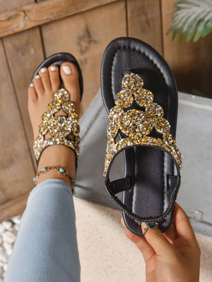 Latest Boho Style Roman Flat Sandals, Ladies' Brown Flat Toe Post Sandals - Black - View 1