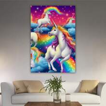 1 Piece Home Wall Decor Framed Canvas Rainbow Unicorn Cartoon Pattern Canvas Wall Art Paintings For Living Room - Canvas Framed Print Wall Artworks Bedroom Decoration Office Wall Decor
