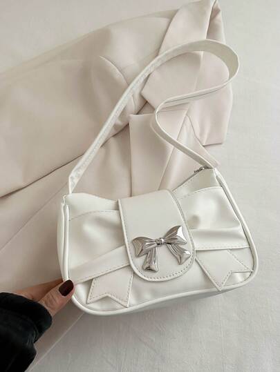 Bolso de hombro de mujer de PU con decoración metálica de lazo plisado, con cremallera, ligero y adecuado para salidas casuales, citas, regalos, de estilo dulce y elegante