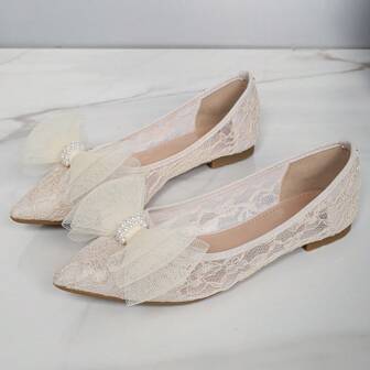Women's Flat Soft Bottom Pointed Toe Shallow Fairy Style Gentle Pearl Floral Lace Net Slip-On Shoes, Suitable For Wedding And Daily Wear