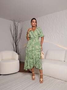 Printed Wrap Dress With Tie - Mint Green - View 1