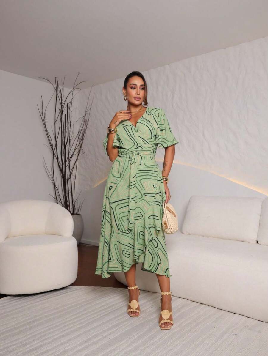 Printed Wrap Dress With Tie - Mint Green - View 1
