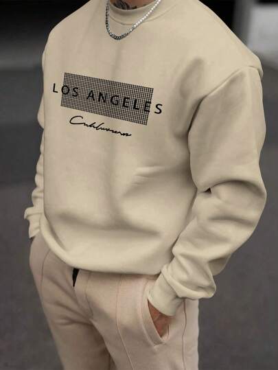 Men's Letter Print Casual Crew Neck Long Sleeve Loose Sweatshirt, Suitable For Spring And Autumn