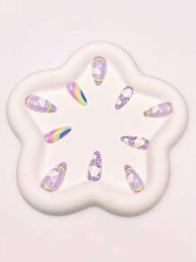 24 Stück lila & fliederfarben gepunktete, regenbogenförmige, weiße Wolken Muster kurze/mittellange wiederverwendbare Nagel Aufkleber, einfach zu verwendende Nail Art für Reisen, Partys, Veranstaltungen, Nagel Zubehör - Violett - Übersicht 3