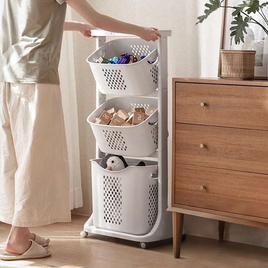 3 Tier Laundry Basket Washing Hamper Bathroom Rolling Cart Organizer Shelf Clothes Storage Bin With 4 Wheels The Best Gift/Present For Family&Friends Happy Christmaslaundry Hamper,Washing Basketbathroom Organizer,Basket,Storage Basket,Foldable Laundry Basket - White Three-layer - View 1