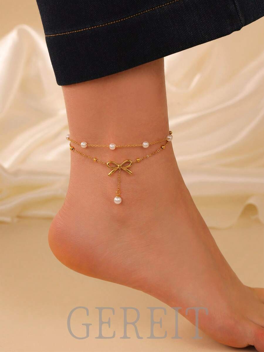 1pc 18K Stainless Steel Zirconia Butterfly Tassel Anklet, Elegant For Ladies Daily & Vacation Wear - Bow - View 1