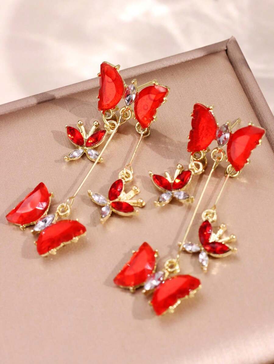 1 件优雅简约蝴蝶锆石耳环，女士节日礼物珠宝 - 紅色 - 查看 1