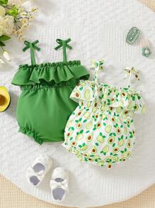 Set de 2 piezas de mono sin mangas de verano con estampado sólido y de fruta para niñas bebé