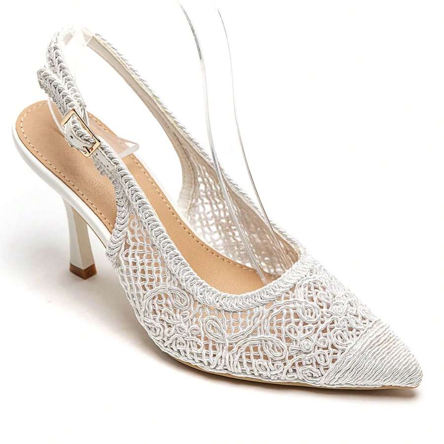 Escarpins Slingback Dentelle Élégante – Talon Moyen Chic pour Soirées et Cérémonies - 白色 - 查看 1