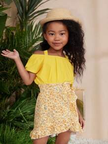 2Pcs/Set Young Girls Solid Color Spaghetti Strap Off Shoulder Short Sleeve Top And Floral Print Ruffle Hem Mini Skirt, Summer - Yellow - View 1