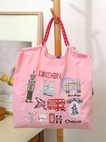 1 件新款休闲伦敦城刺绣大容量轻质尼龙手提包，适合通勤、购物、派对、手提和单肩