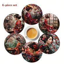 4pieces Japanese Cherry Blossom Wooden Coaster-Heat-Resistant Non-Slip Table Mat, Suitable For Home, Office And Theme Parties, 3.9 Inches