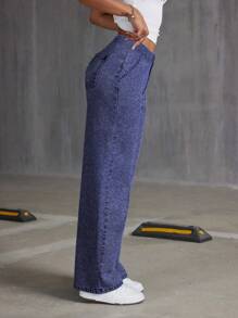 1pc Teen Girl Casual Loose Outdoor Sports Exercise Personalized Denim Effect Pocket Straight Leg Long Pants, Spring/Summer/Autumn/Winter - Blue - View 4