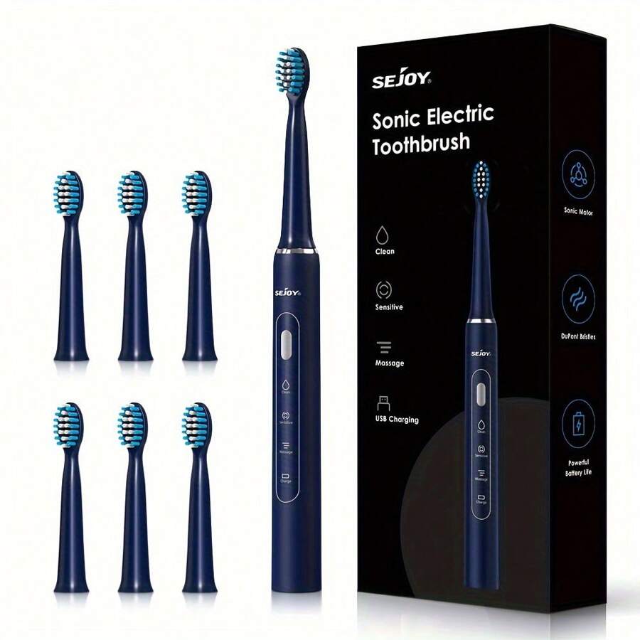 Sejoy Electric Toothbrush With 7 Brush Heads For Adults And Teens, 3 Personalized Modes With 2 Minutes Build In Smart Timer, IPX7 Waterproof,For Home And Travel - Blue - View 1