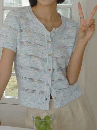 Women Round Neck Short Sleeve Knit Cardigan