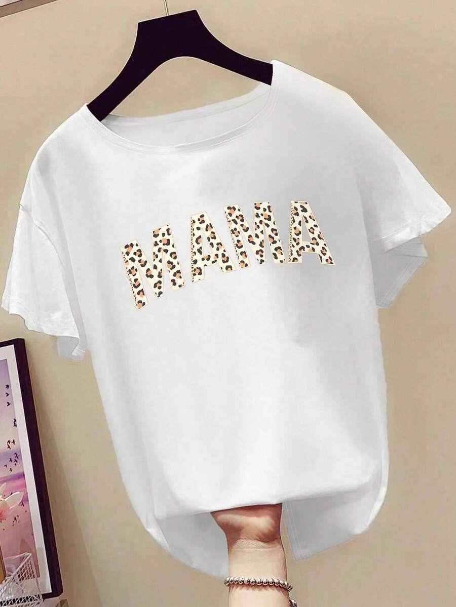 Leopard Pattern And Letter Print Short Sleeve Round Neck T-Shirt, Perfect For Mother's Day Casual Wear - White - View 1