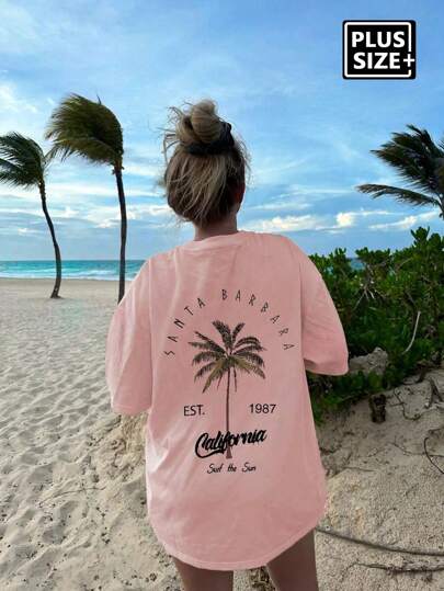 Plus Size Women's Summer Casual Round Neck Coconut Tree And Surf The Sun Printed Pattern Vacation Style Pink Short-Sleeved T-Shirt Temperament Vacation Style Suitable For Holidays Comfortable