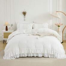 Ruffle Comforter Set Queen Size,Boho Shabby Chic Bedding Sets, Soft Fluffy Comforters Sets For All Season,Vintage Ruffled 3 Pcs Microfiber Lightweight Quilt Set Gift For Women Girls - 白色 - 查看 1