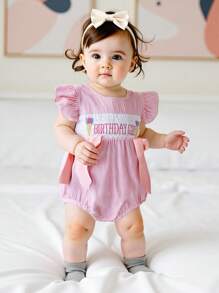 Infant Baby Girl First Birthday Outfit Sweet Smocked Bubble Romper Cute Fly Sleeve Bodysuit Cake Smash Outfit - 粉色 - 查看 4