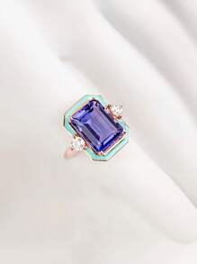 1pc Fashionable Women Purple Square Cubic Zirconia Stone Ring, Suitable For Engagement, Wedding, Valentine's Day Gift