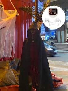2 件套万圣节黑色连帽长斗篷吸血鬼牙胶装饰节日派对可伸缩僵尸尖牙死亡斗篷服装，圣诞节 - 黑色 - 查看 4