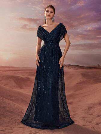 YISIKADO 女士闪亮优雅双V领褶饰正式晚礼服、派对礼服、长袍、婚礼宾客礼服