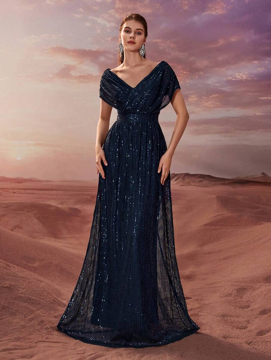 YISIKADO 女士闪亮优雅双V领褶饰正式晚礼服、派对礼服、长袍、婚礼宾客礼服 - 藏蓝色 - 查看 1