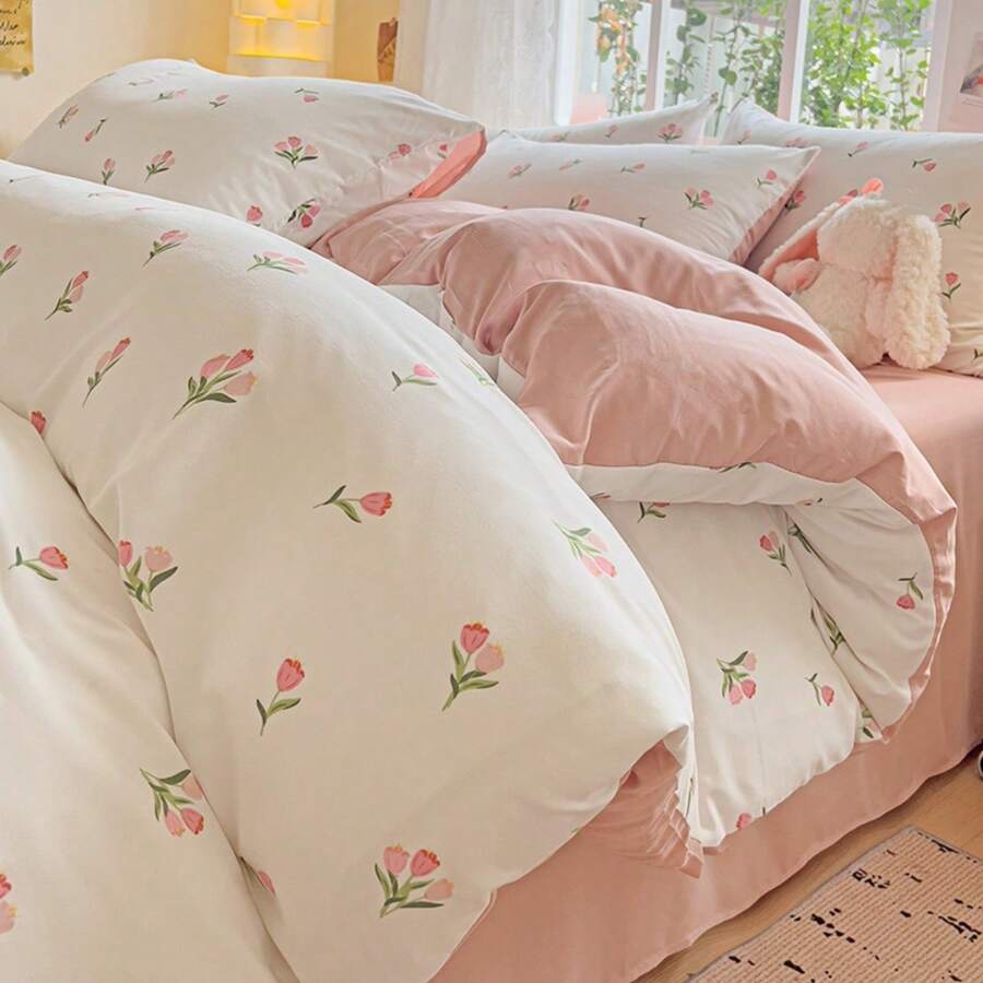 4pcs Floral Print Duvet Cover Set (1 Duvet Cover, 1 Flat Sheet, 2 Pillow Shams, No Filling), Bedding Set, Suitable For All Seasons, Machine Washable, Bedroom Decor, Halloween Gift - Multicolor - View 1