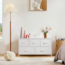 5 Drawer Dresser, Wide Chest Of Drawers Nightstand Storage Tower Storage Fabric Dresser With Wood Top Living Room, Bedroom, Hallway,White - Black - View 10