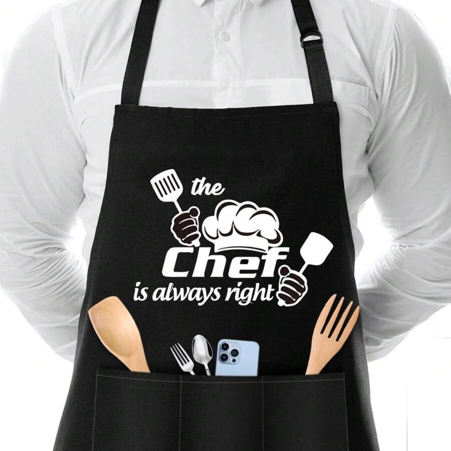 1pc Chef-Themed Apron With Pockets - Unisex Cotton-Polyester Blend, Hand Washable, Perfect For Baking, Cooking, Thanksgiving, Christmas, New Year's, Easter - Ideal Gift For Men, Women, Family, Friends - màu đen - Xem 1