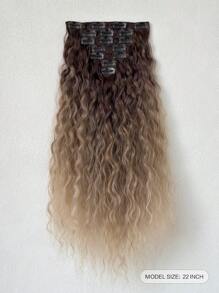 彩虹漸層一髮夾式捲髮片，16夾，長達22英寸，卷曲捲髮夾片，女性用全頭合成捲髮片，7件套裝 - 漸層 - 查看 2