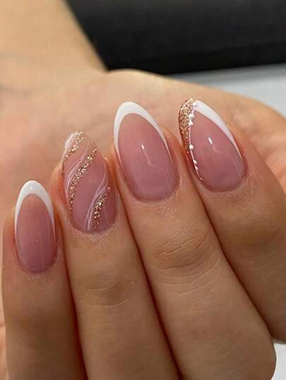 24Pcs French White Nails Art Silver Glitter Wavy Line Art Press On Nails Medium Almond Shape Fake Nails Nude False Nails Manicure Set Includes 1Sheet Adhesive Tabs & 1Pc Mini File Perfect For Everyday Wear Nail Supplies Nails