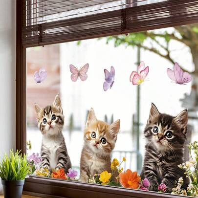 1 Stück süßer Katzen- und Schmetterlings-Fensteraufkleber, Wildblumen-Schmetterlings-Fensteraufkleber für Schlafzimmer, Wohnzimmer, TV, Büro, Wandkunst Dekor Schlafzimmer Aufkleber Wohndekoration Wohnzimmer Tapete Wandaufkleber Party Dekorationen Wohnzimmerdekoration Bürodekoration Wohndekoration Personalisierte Aufkleber