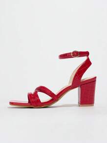 1 Pair Women's Fashion Crossed Strap Thick Heel Party Sandals, Crocodile Embossed Straps Roman Style Thick Heel Sandals