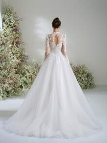 Elasola 优雅时尚的长袖婚纱、露背婚纱、立领婚纱、教堂婚纱、毕业草坪婚纱、A字拖尾婚纱，新娘优雅之选 - 白色 - 查看 4